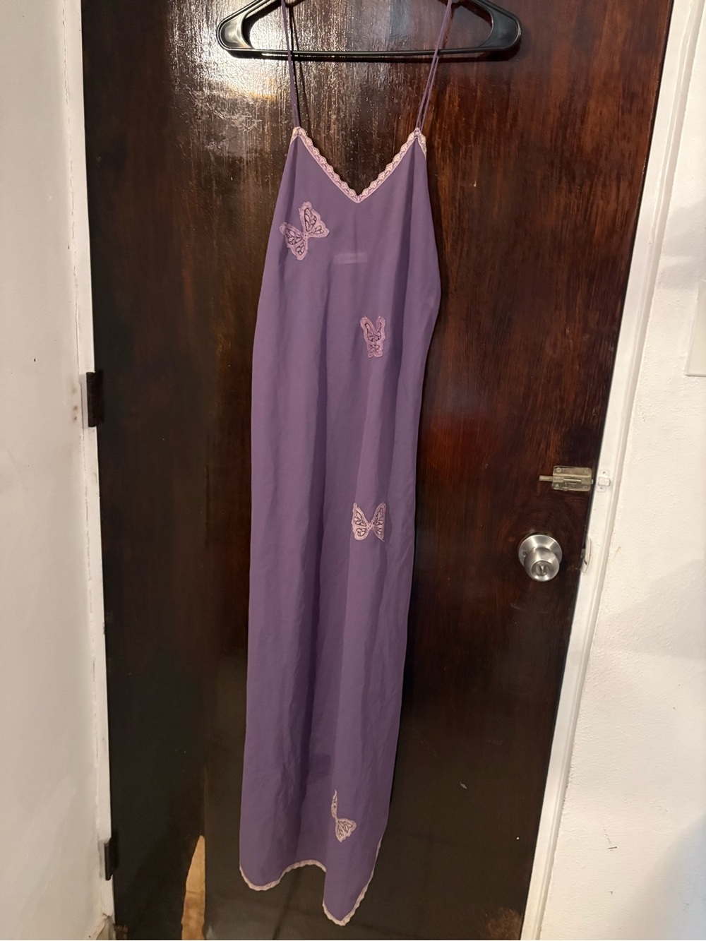 Vintage 90s Henri Bendel Made USA Purple Butterfly Appliqué Lace Maxi Slip Dress - Picture 2 of 12